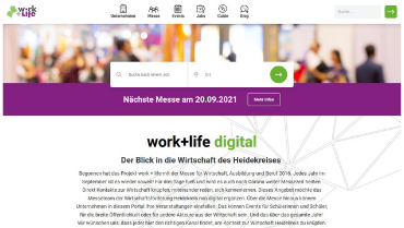 Screenshot des Portals „work + life digital“. Das neue Portal der Wirtschaftsförderung des Landkreises Heidekreis ist freigeschaltet.